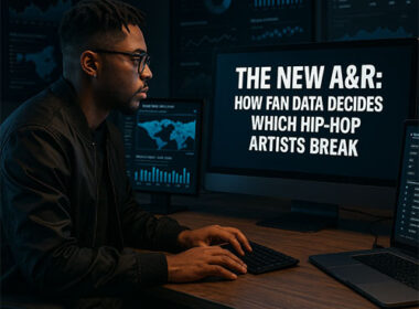 Photorealistic image of a Hip-Hop A&R workspace with screens showing streaming metrics, playlist charts, and fan engagement graphs — SpitFireHipHop editorial on data-driven artist discovery.