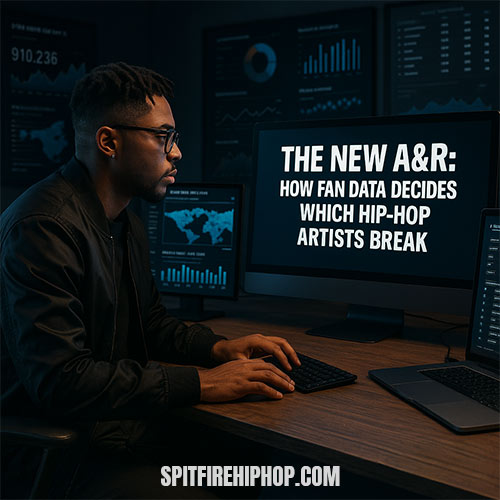 Photorealistic image of a Hip-Hop A&R workspace with screens showing streaming metrics, playlist charts, and fan engagement graphs — SpitFireHipHop editorial on data-driven artist discovery.