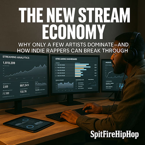 Photorealistic image of streaming dashboards, charts, and Hip-Hop artist catalog analytics inside a digital workspace — SpitFireHipHop editorial on the streaming economy.