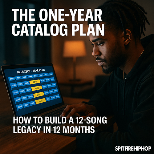 Image of a Hip-Hop artist planning a year-long release schedule on a bright digital calendar, representing the 12-song catalog plan — SpitFireHipHop editorial.