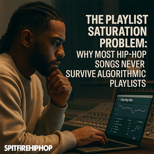 Image of a Hip-Hop artist watching a playlist rank fluctuate on a laptop in a dim studio, symbolizing the pressure of algorithmic playlist survival — SpitFireHipHop editorial.