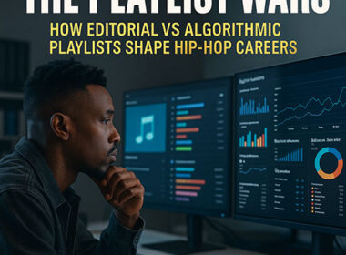 Photorealistic image of a Hip-Hop industry professional analyzing playlist data on multiple monitors, representing the tension between editorial curation and algorithmic discovery — SpitFireHipHop.com editorial.