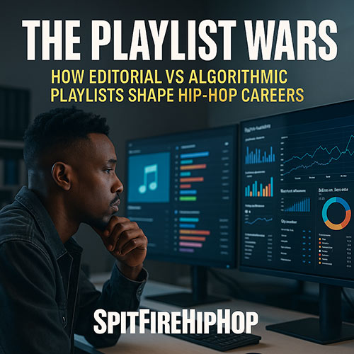 Photorealistic image of a Hip-Hop industry professional analyzing playlist data on multiple monitors, representing the tension between editorial curation and algorithmic discovery — SpitFireHipHop.com editorial.