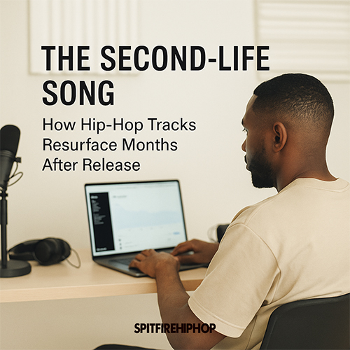 Image of a Hip-Hop artist revisiting older music on a laptop in a bright studio, symbolizing how songs resurface and gain second life through streaming algorithms — SpitFireHipHop editorial.