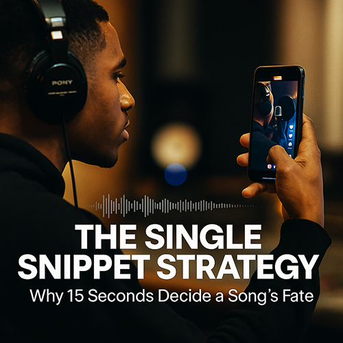 Image of a Hip-Hop artist recording short vertical video snippets in a studio environment, with waveform graphics and social media overlays representing 15-second music discovery — SpitFireHipHop editorial.