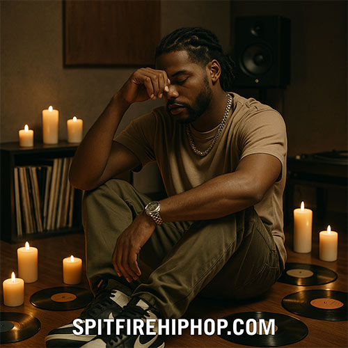Hip-Hop artist takes a reflective moment in studio surrounded by candles and vinyl records — symbolizing balance, peace, and creative focus.