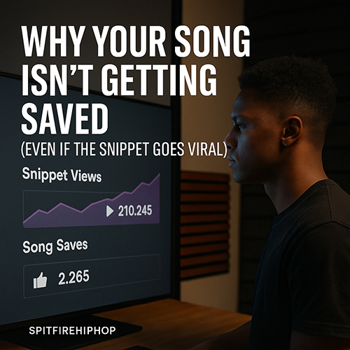 Image of a Hip-Hop artist staring at analytics showing high snippet views but low song saves, standing in a modern studio — SpitFireHipHop editorial on save rate disconnect.