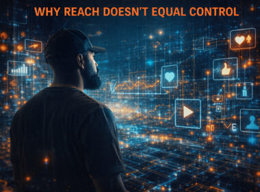 Hip-Hop artist standing outside a glowing digital algorithm grid, symbolizing independence and control — SpitFireHipHop.com.