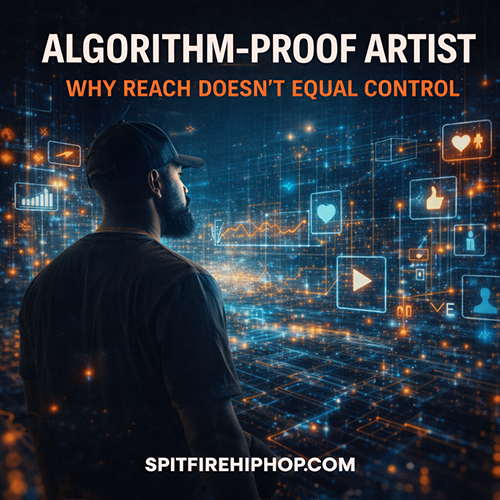 Hip-Hop artist standing outside a glowing digital algorithm grid, symbolizing independence and control — SpitFireHipHop.com.