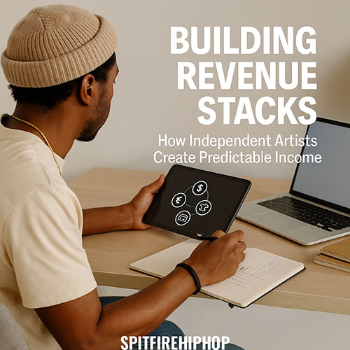 Image of an independent Hip-Hop artist organizing multiple income sources on a tablet and notebook, representing stacked revenue streams and financial stability — SpitFireHipHop Corporate Corner.