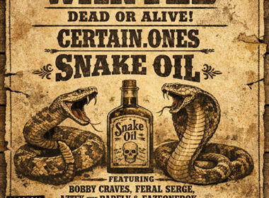 CERTAIN.ONES “Snake Oil” single cover concept: gritty underground Hip-Hop collage—shadowy salesman silhouette, neon bottle label reading “SNAKE OIL,” mic cables like serpents, and four emcees in streetwear under moody city light.