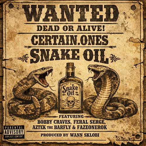 CERTAIN.ONES “Snake Oil” single cover concept: gritty underground Hip-Hop collage—shadowy salesman silhouette, neon bottle label reading “SNAKE OIL,” mic cables like serpents, and four emcees in streetwear under moody city light.