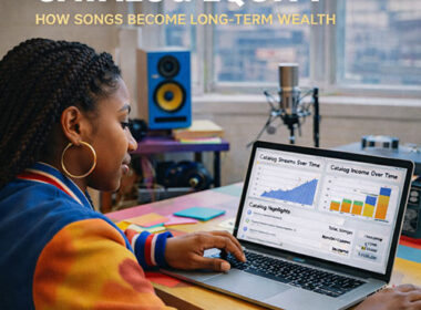 Photorealistic image of a Hip-Hop artist reviewing long-term catalog performance charts on a laptop in a bright studio, symbolizing music as a wealth-building asset — SpitFireHipHop Corporate Corner.