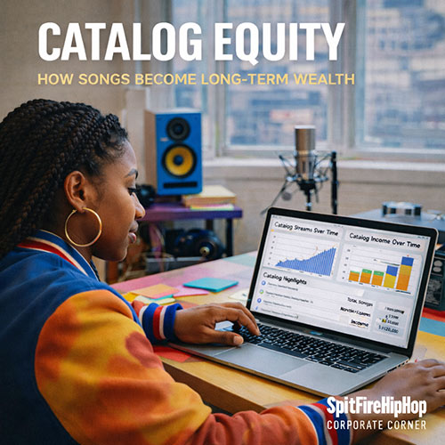Photorealistic image of a Hip-Hop artist reviewing long-term catalog performance charts on a laptop in a bright studio, symbolizing music as a wealth-building asset — SpitFireHipHop Corporate Corner.