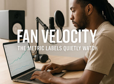 Image of a Hip-Hop artist reviewing rapidly rising engagement graphs on a laptop in a bright studio, symbolizing accelerating fan velocity — SpitFireHipHop Corporate Corner.