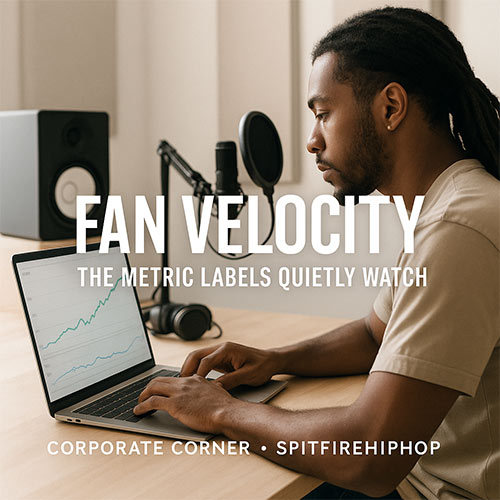 Image of a Hip-Hop artist reviewing rapidly rising engagement graphs on a laptop in a bright studio, symbolizing accelerating fan velocity — SpitFireHipHop Corporate Corner.