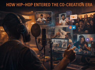 Hip-Hop artist performing in a studio while fans interact digitally on screens around them, symbolizing collaboration and community — SpitFireHipHop.com.