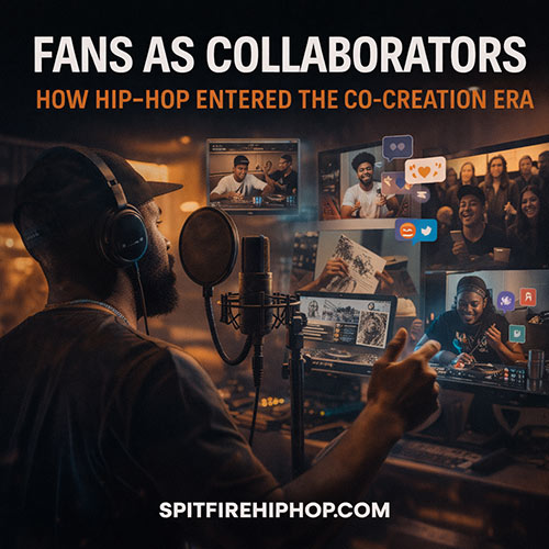 Hip-Hop artist performing in a studio while fans interact digitally on screens around them, symbolizing collaboration and community — SpitFireHipHop.com.
