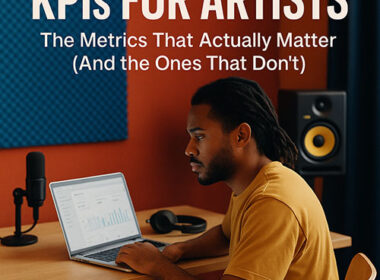 Image of a Hip-Hop artist analyzing performance metrics on a light-themed dashboard in a modern studio, symbolizing key performance indicators for music careers — SpitFireHipHop Corporate Corner.