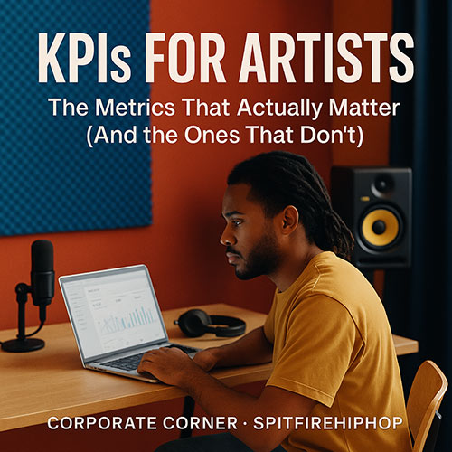 Image of a Hip-Hop artist analyzing performance metrics on a light-themed dashboard in a modern studio, symbolizing key performance indicators for music careers — SpitFireHipHop Corporate Corner.