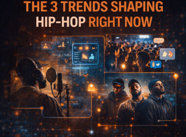 Hyper-realistic graphic titled ‘Culture Signals: The 3 Trends Shaping Hip-Hop Right Now,’ featuring a rapper recording in a studio, a crowd of engaged fans, and a group of diverse Hip-Hop artists connected by digital data visuals — SpitFireHipHop.com.