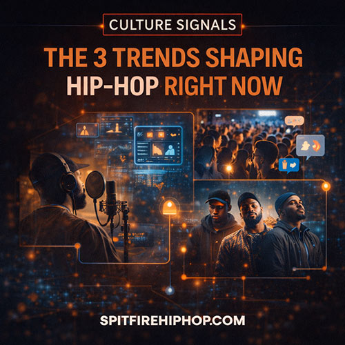 Hyper-realistic graphic titled ‘Culture Signals: The 3 Trends Shaping Hip-Hop Right Now,’ featuring a rapper recording in a studio, a crowd of engaged fans, and a group of diverse Hip-Hop artists connected by digital data visuals — SpitFireHipHop.com.