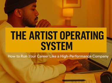 Image of a Hip-Hop artist working at a clean desk with a laptop and planning notes, representing an organized operating system approach to career management — SpitFireHipHop Corporate Corner.