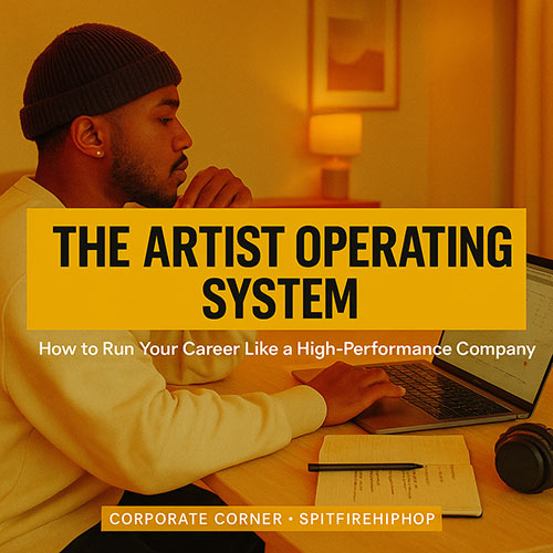 Image of a Hip-Hop artist working at a clean desk with a laptop and planning notes, representing an organized operating system approach to career management — SpitFireHipHop Corporate Corner.
