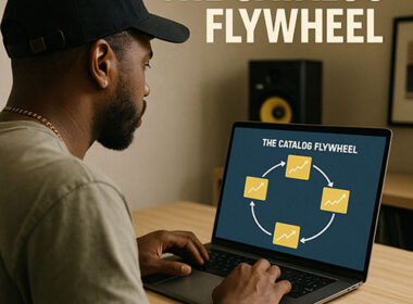 image of a Hip-Hop artist reviewing interconnected song performance charts on a laptop, representing a catalog flywheel strategy — SpitFireHipHop Corporate Corner.
