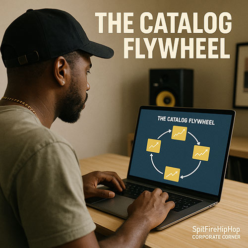 image of a Hip-Hop artist reviewing interconnected song performance charts on a laptop, representing a catalog flywheel strategy — SpitFireHipHop Corporate Corner.