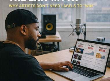 Hyper-realistic image of an independent Hip-Hop artist confidently working on a laptop in a modern studio, symbolizing independence and control beyond label dependency — SpitFireHipHop Corporate Corner.