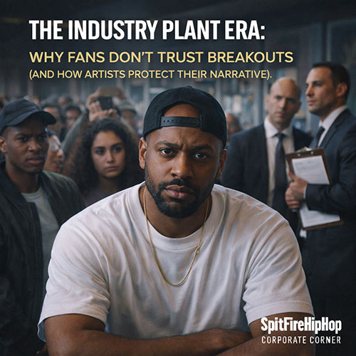 image of a Hip-Hop artist standing between fans and industry figures, symbolizing the tension between organic growth and perceived industry manufacturing — SpitFireHipHop Corporate Corner.