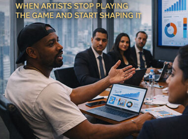 Image of a Hip-Hop artist seated at a modern conference table reviewing charts and platform metrics, symbolizing the institutional shift from artist to decision-maker — SpitFireHipHop Corporate Corner.