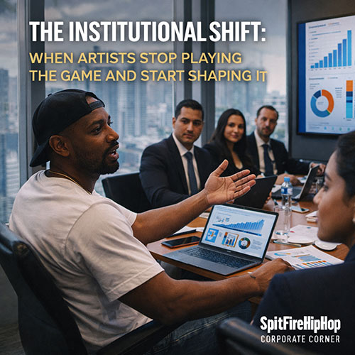 Image of a Hip-Hop artist seated at a modern conference table reviewing charts and platform metrics, symbolizing the institutional shift from artist to decision-maker — SpitFireHipHop Corporate Corner.