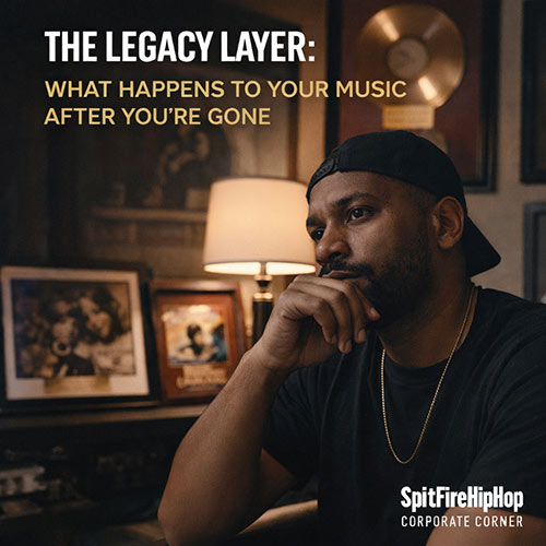 Image of a Hip-Hop artist reflecting in a studio with framed vinyl records and legacy imagery, symbolizing long-term catalog planning — SpitFireHipHop Corporate Corner.