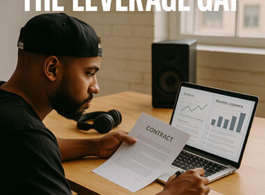 image of a Hip-Hop artist reviewing contract terms and performance metrics on a laptop in a clean studio, representing the leverage gap — SpitFireHipHop Corporate Corner.