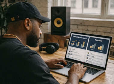 Image of an independent Hip-Hop artist reviewing partnership options and analytics on a laptop in a modern studio — SpitFireHipHop Corporate Corner.