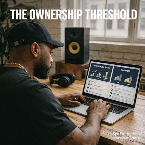 Image of an independent Hip-Hop artist reviewing partnership options and analytics on a laptop in a modern studio — SpitFireHipHop Corporate Corner.