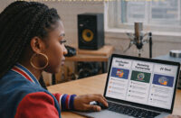 Image of a Hip-Hop artist reviewing partnership proposals on a laptop in a modern studio, symbolizing deal-making after ownership — SpitFireHipHop Corporate Corner.