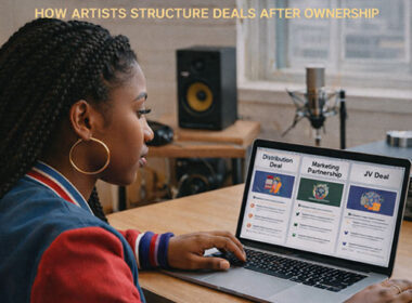 Image of a Hip-Hop artist reviewing partnership proposals on a laptop in a modern studio, symbolizing deal-making after ownership — SpitFireHipHop Corporate Corner.
