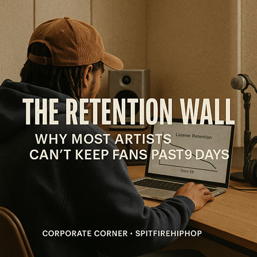Image of a Hip-Hop artist analyzing a declining 90-day listener retention chart on a laptop in a bright studio — SpitFireHipHop Corporate Corner.