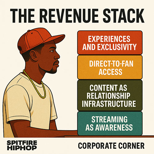 Illustrated graphic showing layered income streams for a Hip-Hop artist, representing a revenue stack beyond streaming — SpitFireHipHop Corporate Corner.