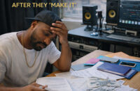 Image of a Hip-Hop artist reviewing contracts and financial documents in a studio, symbolizing the hidden risks artists face after success — SpitFireHipHop Corporate Corner.