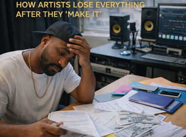 Image of a Hip-Hop artist reviewing contracts and financial documents in a studio, symbolizing the hidden risks artists face after success — SpitFireHipHop Corporate Corner.