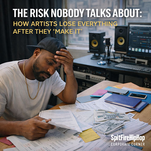 Image of a Hip-Hop artist reviewing contracts and financial documents in a studio, symbolizing the hidden risks artists face after success — SpitFireHipHop Corporate Corner.