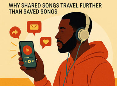 Image of a Hip-Hop fan sharing a song from a smartphone in a bright studio lounge, symbolizing the share signal in music discovery — SpitFireHipHop Corporate Corner.