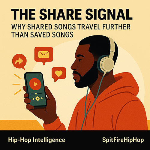 Image of a Hip-Hop fan sharing a song from a smartphone in a bright studio lounge, symbolizing the share signal in music discovery — SpitFireHipHop Corporate Corner.