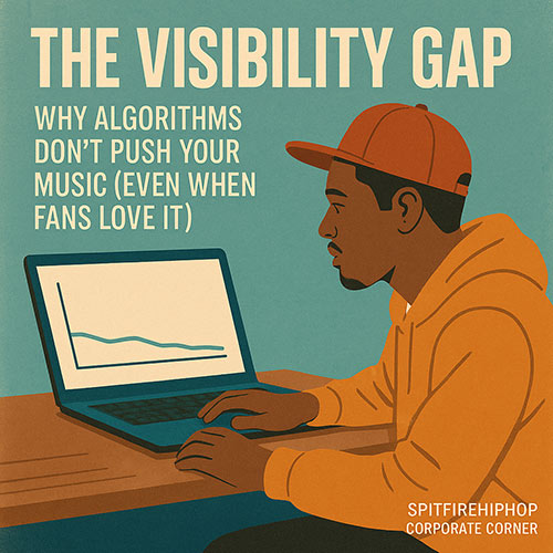 Image of a Hip-Hop artist reviewing a flat visibility graph on a laptop in a clean studio, symbolizing the algorithmic visibility gap — SpitFireHipHop Corporate Corner.