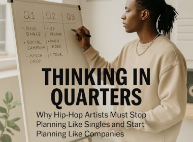 Image of a Hip-Hop artist mapping quarterly goals on a whiteboard in a bright studio, representing long-term planning and operational discipline — SpitFireHipHop Corporate Corner.