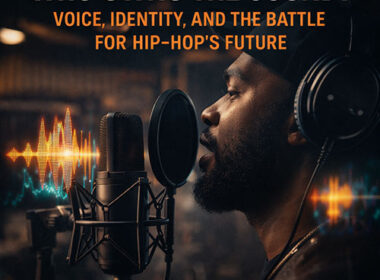 Hip-Hop artist in a studio speaking into a microphone surrounded by waveform visuals, symbolizing voice ownership and identity — SpitFireHipHop.com.
